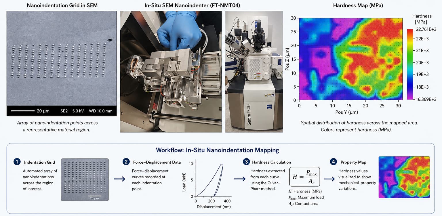 In-Situ SEM Nanoindenter with graphs and charts showing examples of sample results