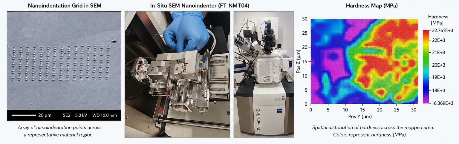 In-Situ SEM Nanoindenter with graphs and charts showing examples of sample results