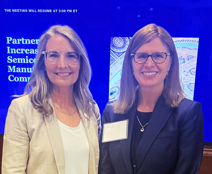 Kendra Ketchum (left), UTSA CIO and vice president for information management and technology, spoke about the importance of partnerships to drive digital transformation alongside NIST Director and Undersecretary of Commerce Laurie Locascio (right) at the Government University Industry Research Roundtable in Washington, D.C.